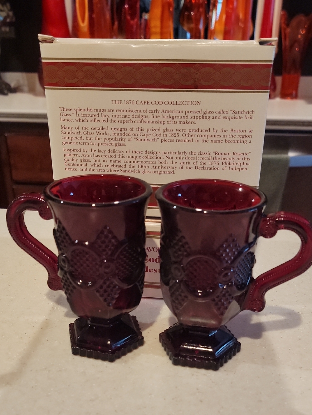 2 Mugs Avon 1876 Cape Cod Collection Two Pedestal Mugs - Cream and Maroon Box